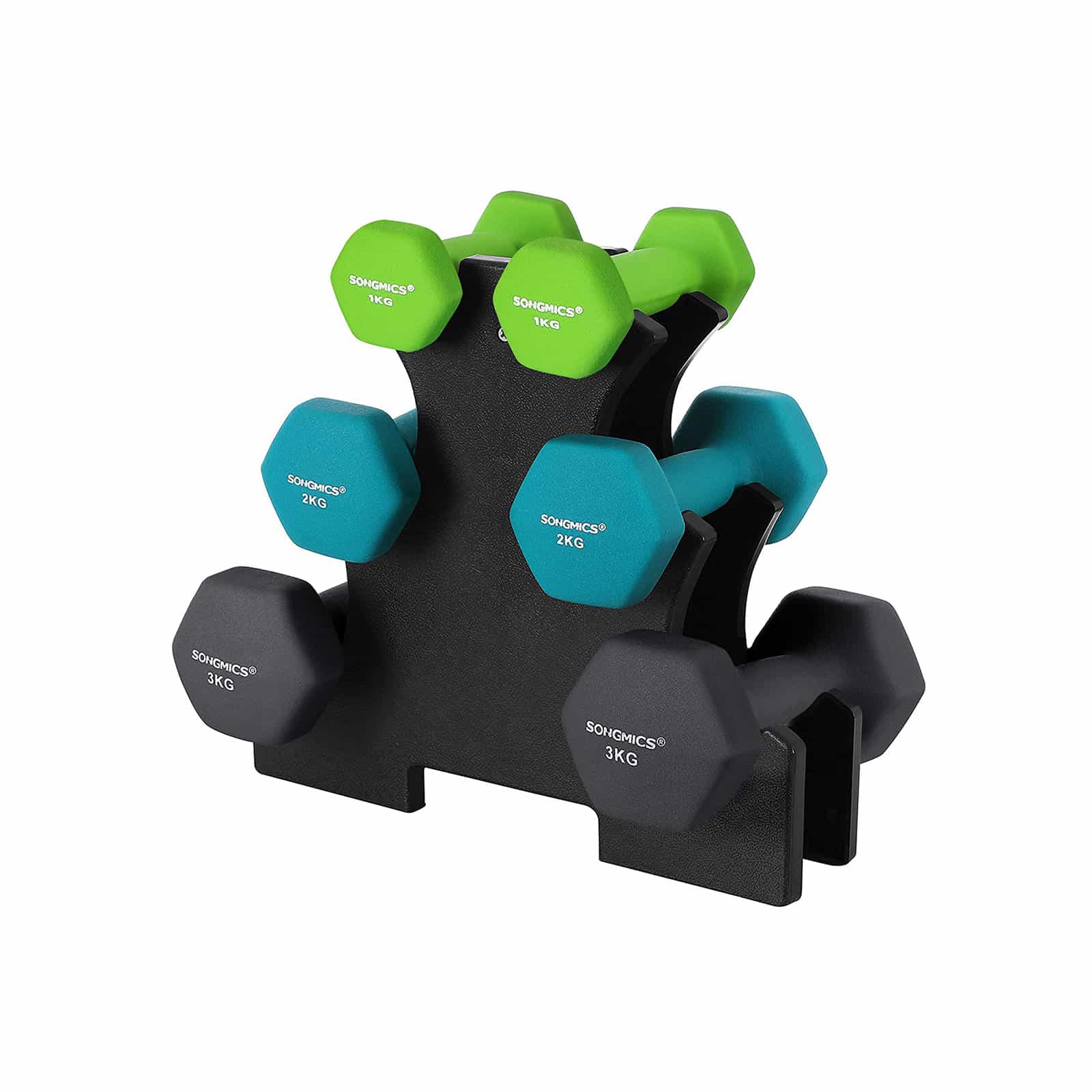 Bild von SONGMICS Kurzhantel Set, Hexagon, mit Hantelständer, 2 x 1 kg, 2 x 2 kg, 2 x 3 kg, mattes Finish, Neopren-Beschichtung, Krafttraining, zu Hause, limettengrün, aquamarin und dunkelgrau SYL612G02