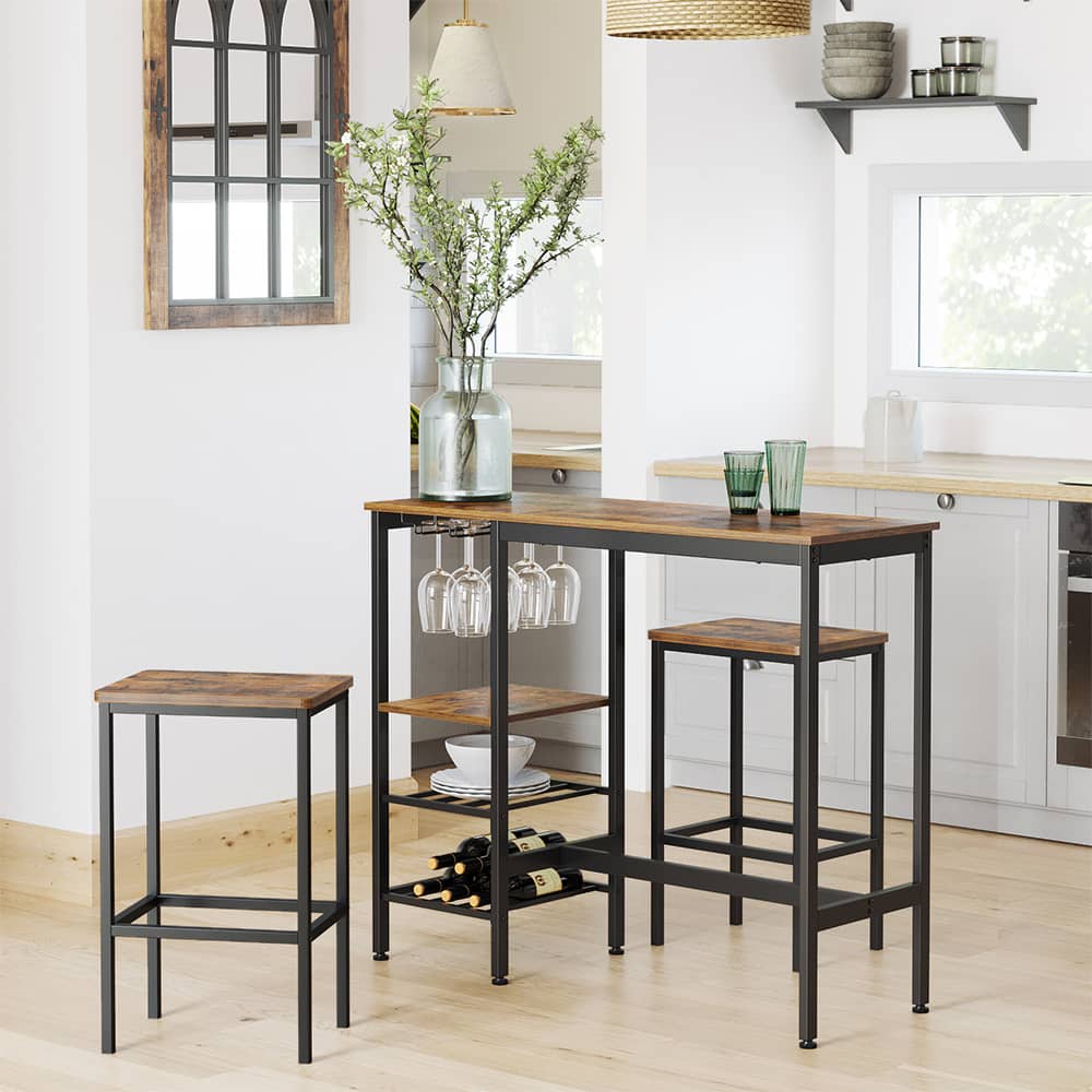 Bild von VASAGLE Stehtisch, Bartisch, 110 x 40 x 90 cm, mit Halterungen für Weingläser und Flaschen, Küchentisch, für Wohnzimmer, Küche, Industrie-Design, vintagebraun-schwarz LBT013B01