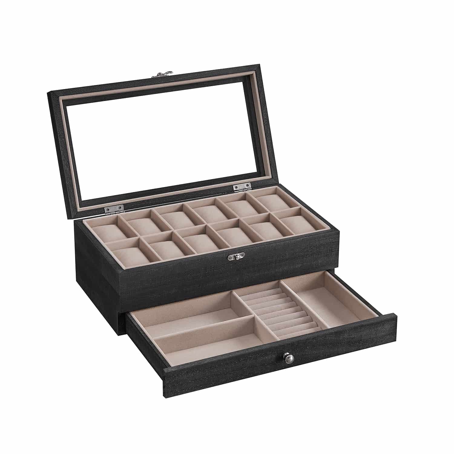 Bild von Uhrenbox mit 12 Fächern aus Massivholz mit Glasdeckel Geschenkidee