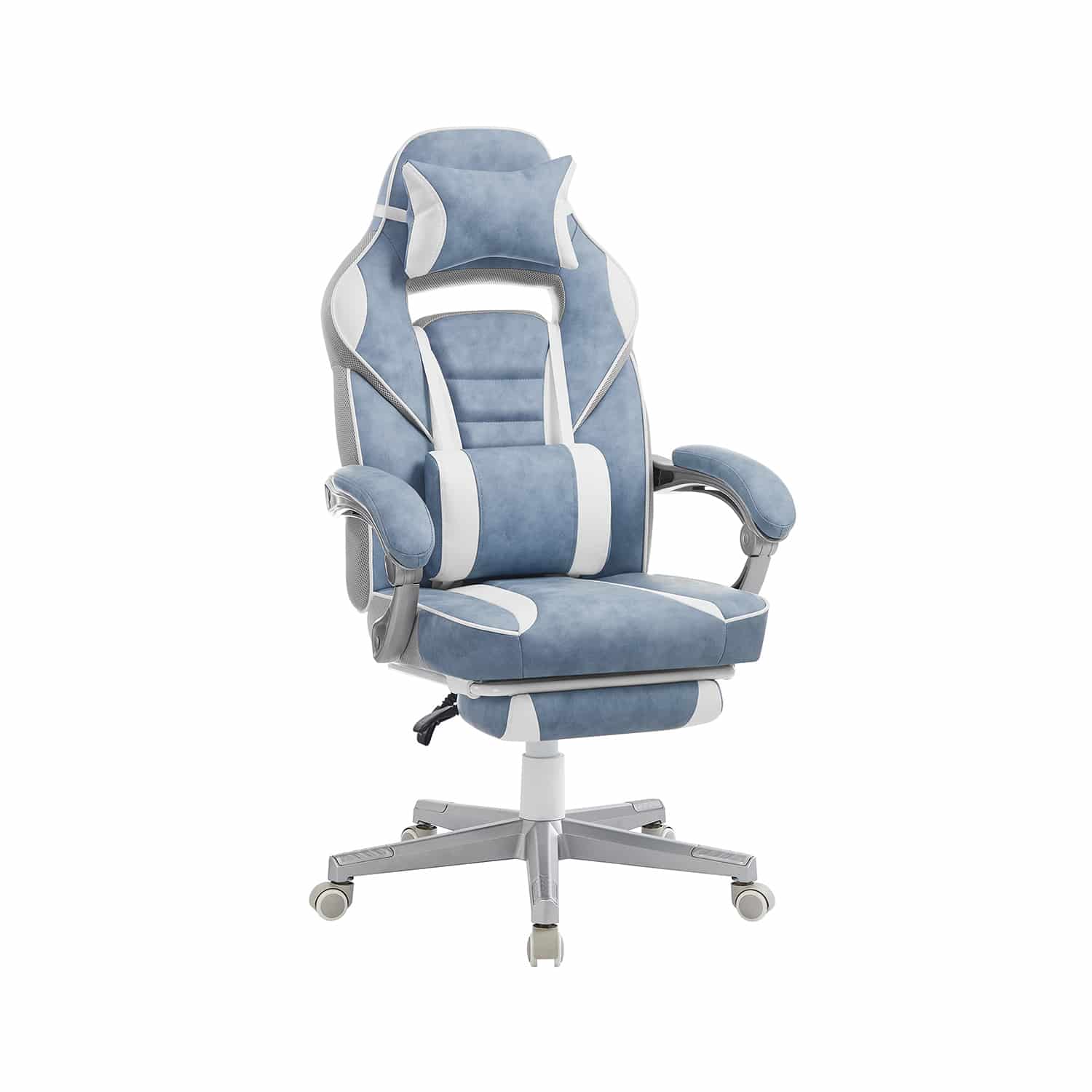Bild von Gamingstuhl mit neigbaren Rückenlehnen und Kopfkissen - blau-weiß