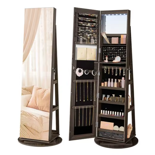 Bild von SONGMICS Schmuckschrank, Spiegelschrank, mit rahmenlosem Ganzkörperspiegel, 3 Ablagen, 360° drehbar,