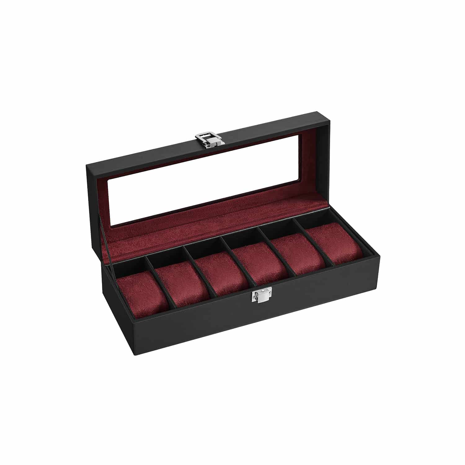 Bild von Uhrenbox mit Glasdeckel und Metallverschluss, Pu-bezug in Schwarz + Samtfutter in Weinrot