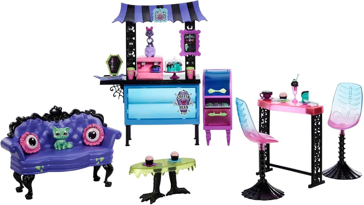 Bild von Monster High Café Schwarze Seele Spielset -gruselige Möbel, Gebäck und Getränke, Theke, Geschenkset für 5 Puppen, über 20 Einzelteile, HMV78
