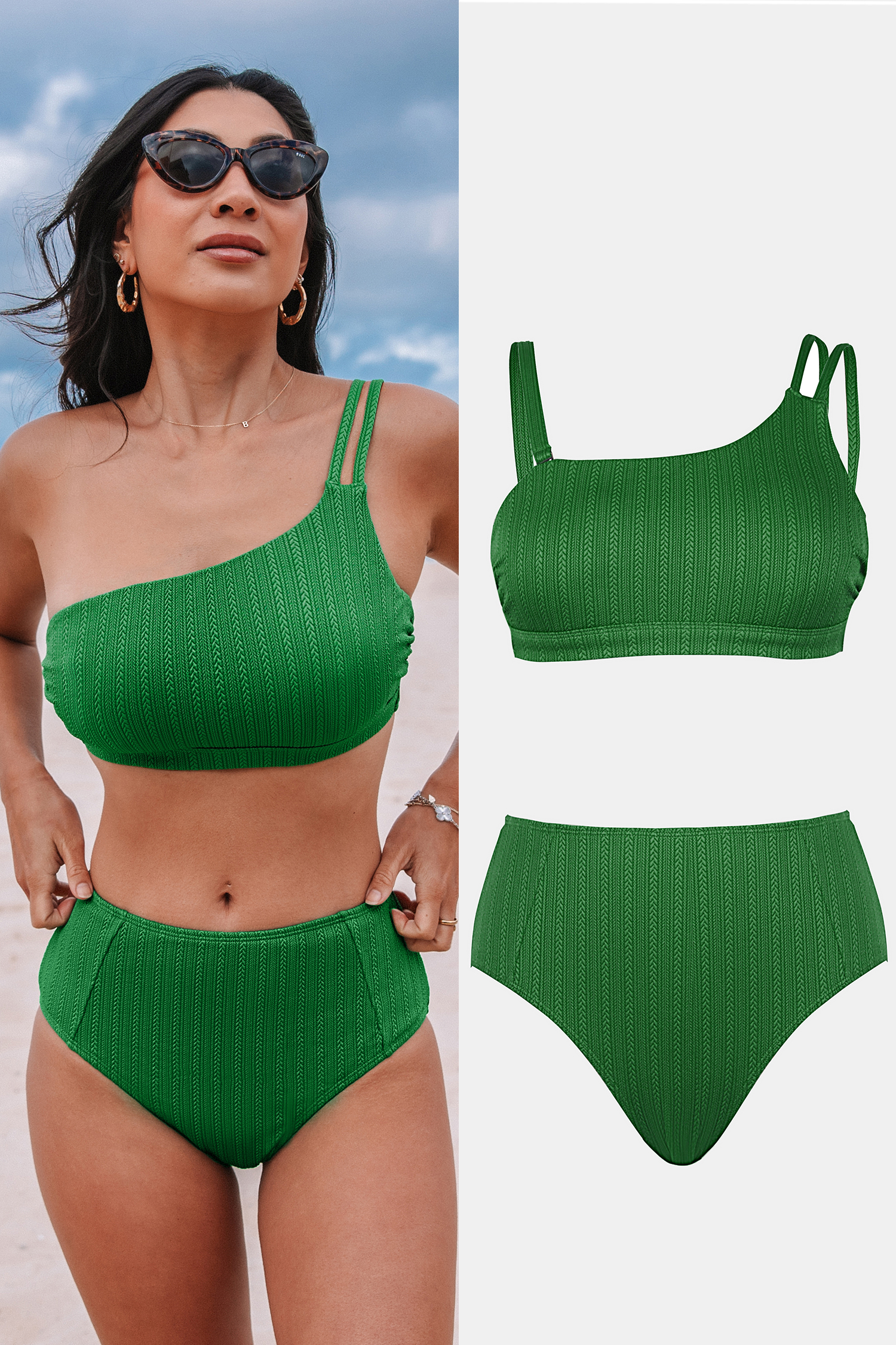 Bild von Grünes One-Shoulder-Bikini-Oberteil und hoch sitzende Bikinihose