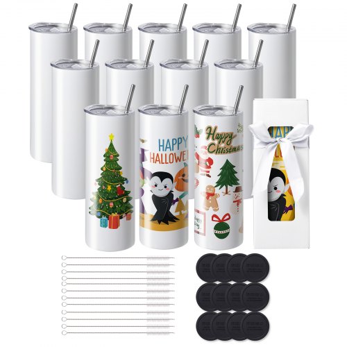 Bild von VEVOR 12er-Pack Gerade Sublimationsbecher, 591,5 ml Blanko-Becher, Edelstahl-Doppelwandbecher mit Strohhalm, Deckel, Bürste, Boden, Schrumpffolie, Geschenkbox, für Wärmepresse und Wärmeübertragung
