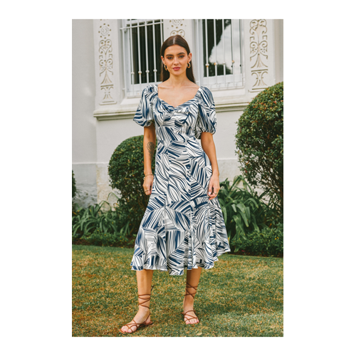Bild von Blau-weißes abstraktes Midikleid mit Puffärmeln