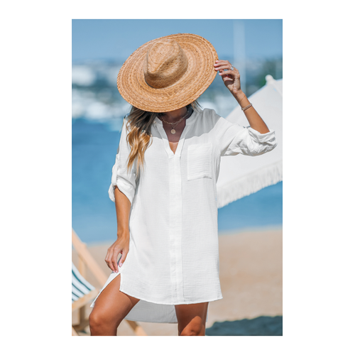 Bild von Trendiges weißes gewebtes High-Low-Cover-Up-Baumwollkleid