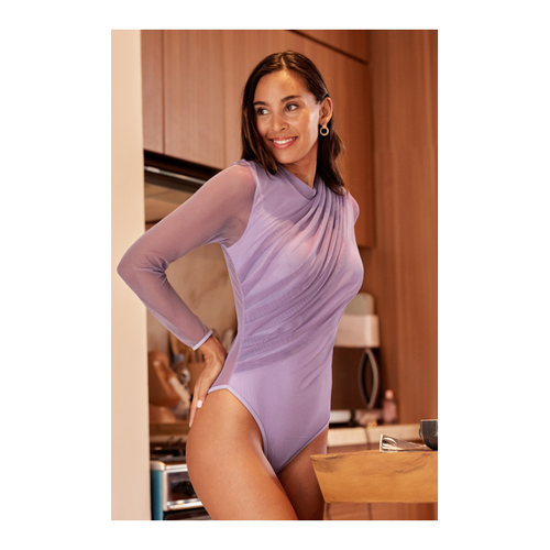 Bild von Lila Asymmetrischer gerüschter Bodysuit mit langen Ärmeln