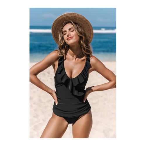 Bild von Schwarzes gerafftes Tankini-Oberteil und Bauchweg-Bikinihose