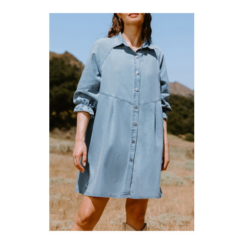 Bild von Elegantes hellblaues Mini-Jeanskleid mit Kragen und Knopfleiste