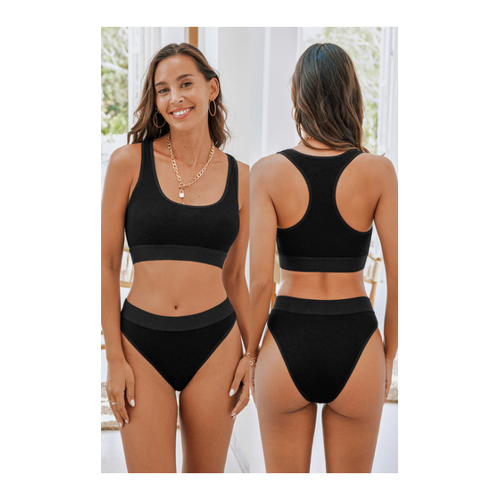 Bild von Schwarzer Rippenstrick-Sport-BH & Mid-Rise-Unterwäsche-Set