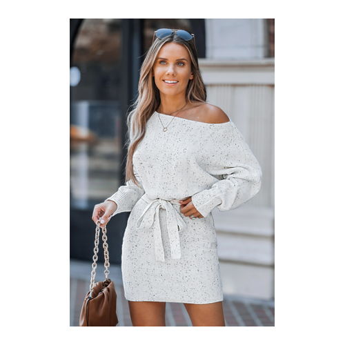 Bild von Gesprenkeltes schulterfreies Mini-Strickkleid – Eleganz trifft auf lässigen Stil