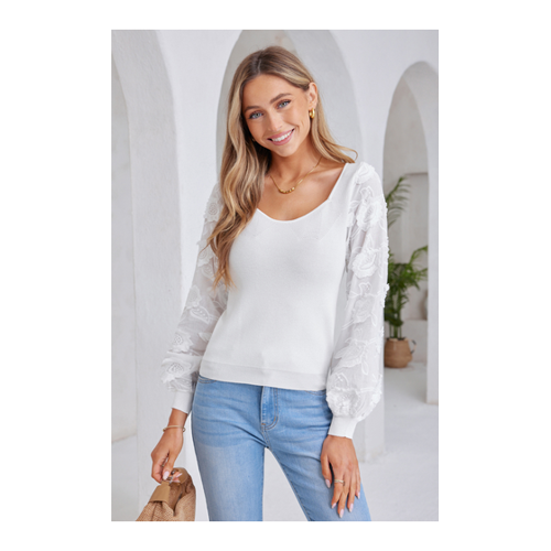 Bild von Weißes Strick-Top mit Puffärmeln und Diamantausschnitt