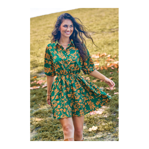 Bild von Grünes & gelbes Minikleid mit Blumenmuster und halben Ärmeln