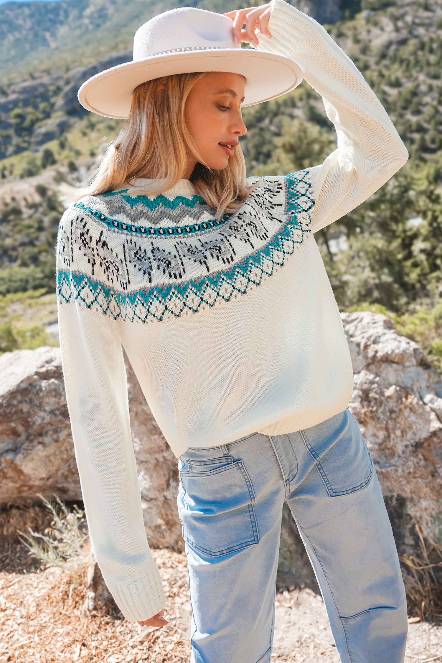 Bild von Weiß-blauer geometrischer Langarmpullover