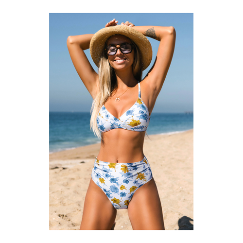 Bild von Florales Wickel-Bikini-Top & High-Rise gerafftes Bikinihose Set