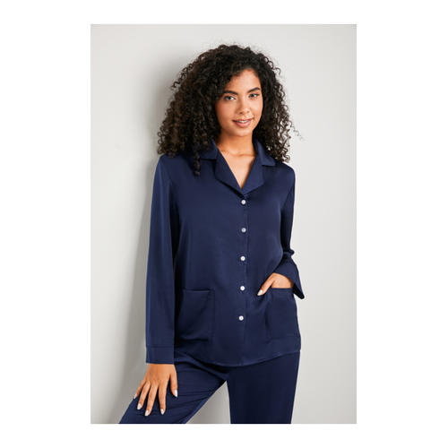 Bild von Blaues Satin-Pyjama-Set aus Oberteil mit Kragen und Hose