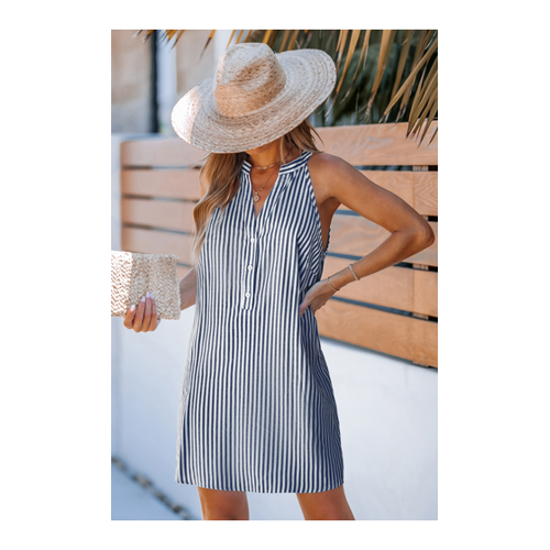 Bild von Marineblaues gestreiftes ärmelloses Mini-Blusenkleid