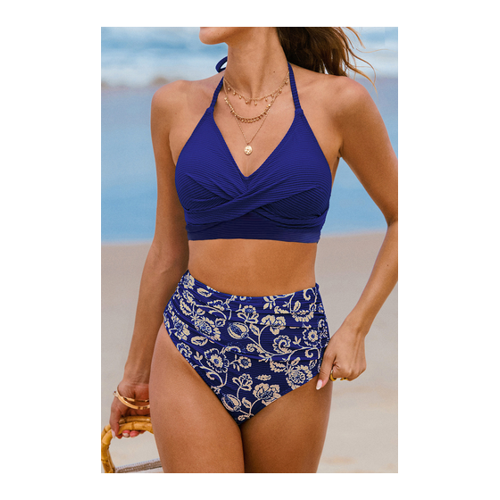 Bild von Blaues Bikini-Bralette und High-Waist Bikinihose mit Blumenmuster