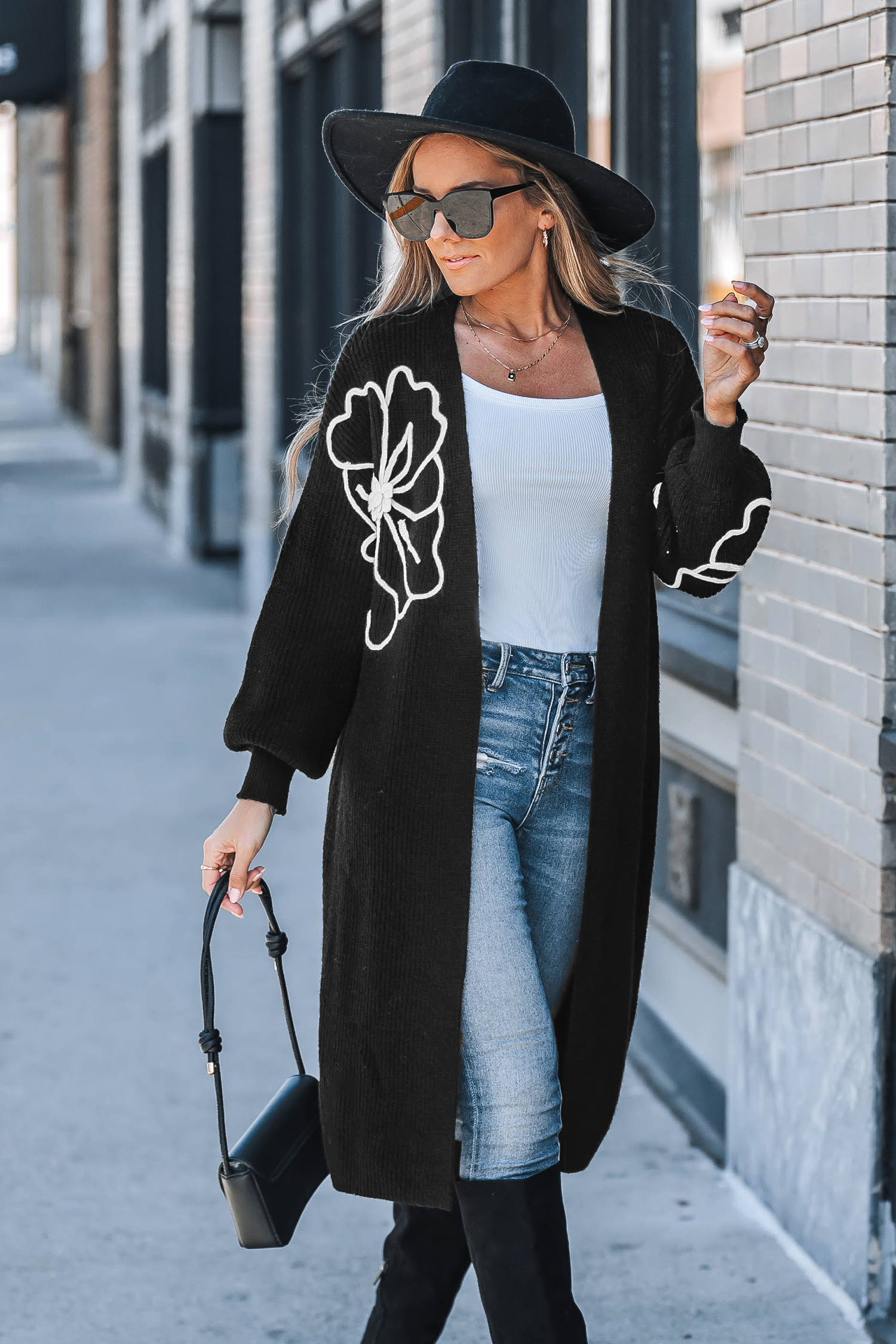Bild von Schwarze Florale Strickjacke mit offener Front