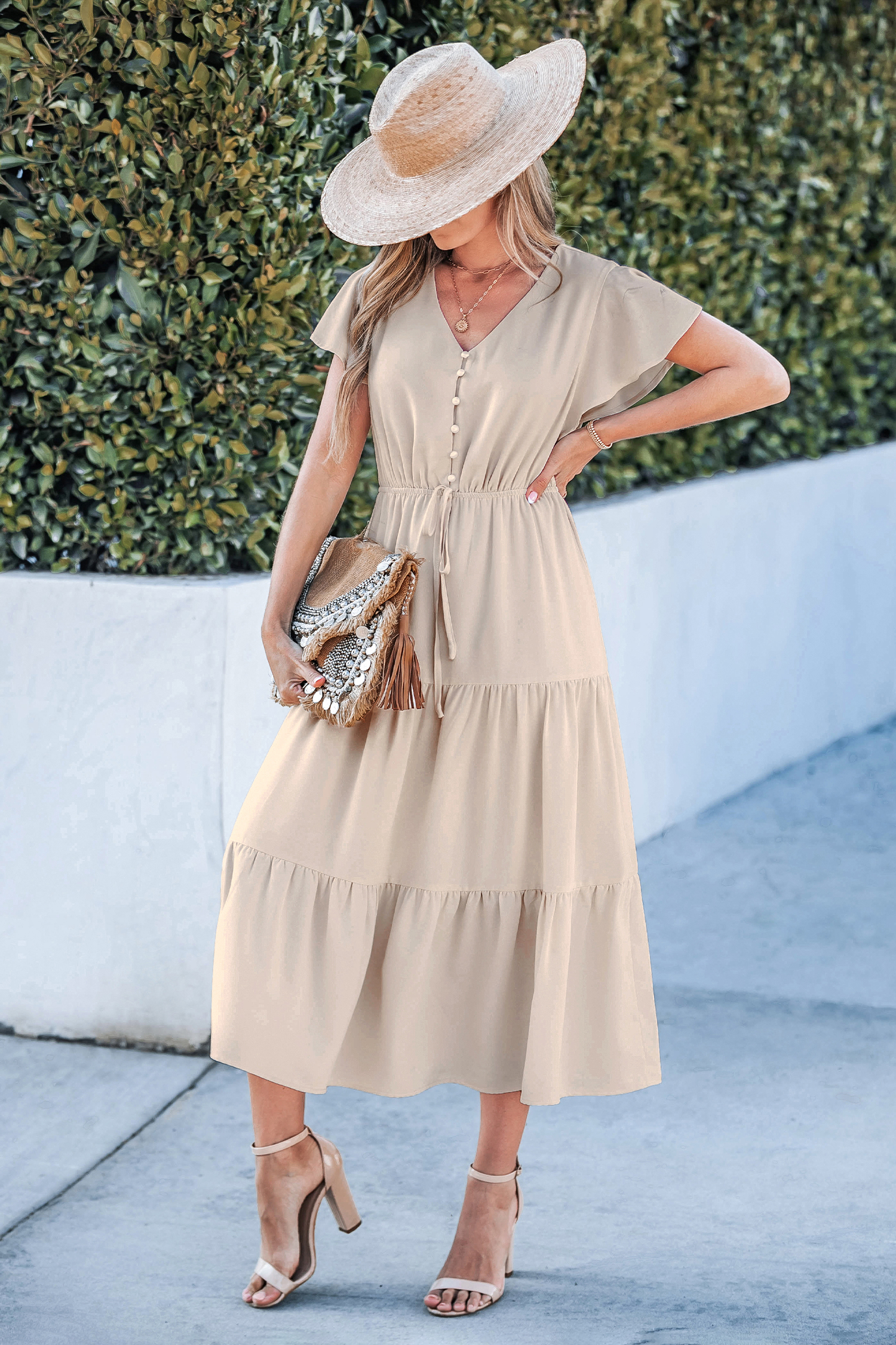 Bild von Beige gerafftes Midikleid mit Kordelzug