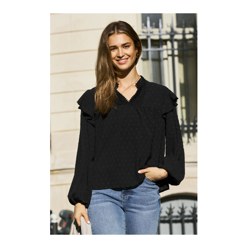 Bild von Modische schwarze Bluse mit gerafften Schultern und Puffärmeln