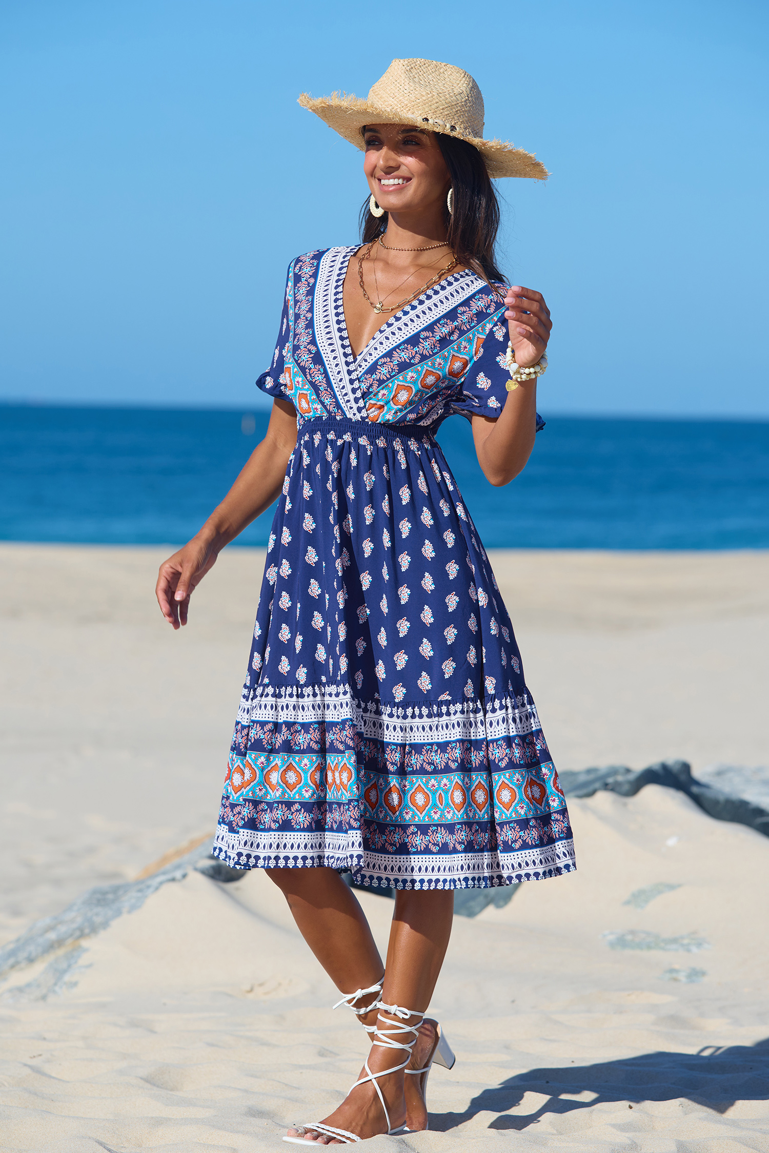 Bild von Verziertes Midi-Wickelkleid mit elastischer Taille