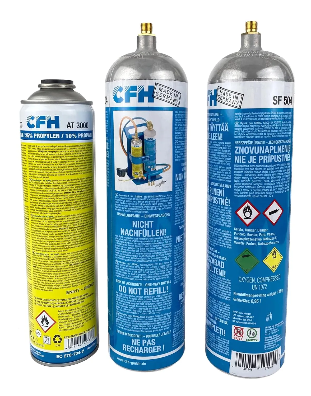 Bild von 2 Sauerstoffflaschen CFH und 1 Hochleistungsgas AT 3000
