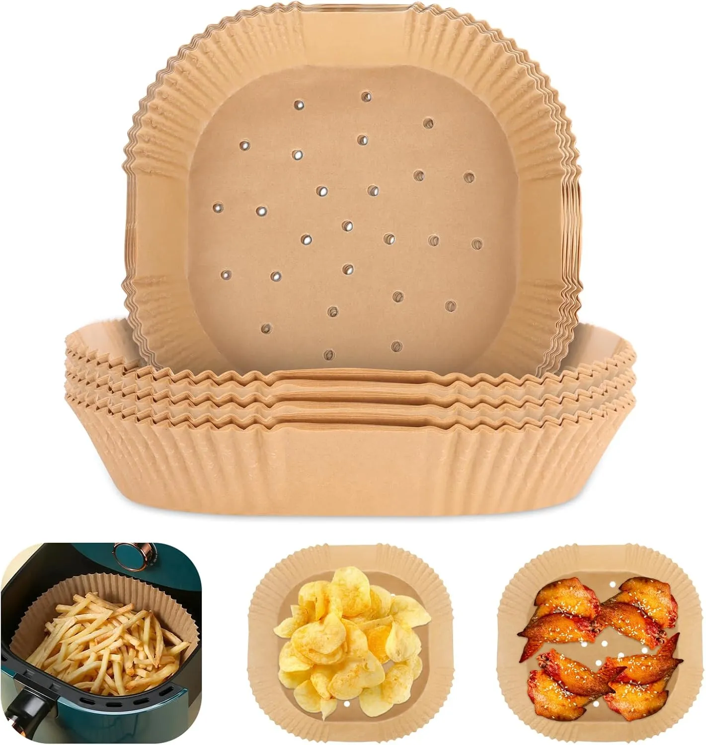 Bild von 200 Stück Backpapier für Heißluftfritteusen und Öfen, quadratisch, antihaftbeschichtet und wasserdicht