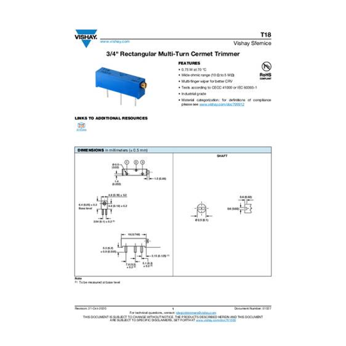 Bild von Vishay T18204KT10 Spindeltrimmer linear 0.75W 200kΩ