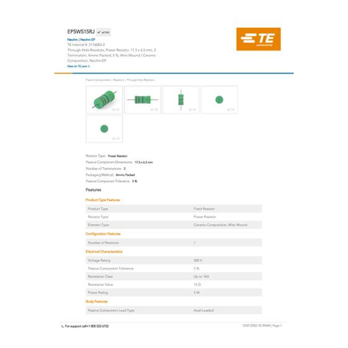 Bild von TE Connectivity 2176083-2 Leistungs-Widerstand 15Ω radial bedrahtet 5W 0.05% Box