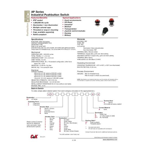 Bild von C & K Switches AP4D203TZBE Push button AP Series Drucktaster 24 V/DC 1 x Aus/(Ein) Rot IP67 Bulk