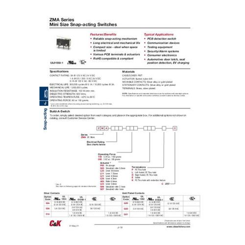 Bild von C & K Switches ZMA00A080L30PC Snap Switch ZMA Series Drucktaster