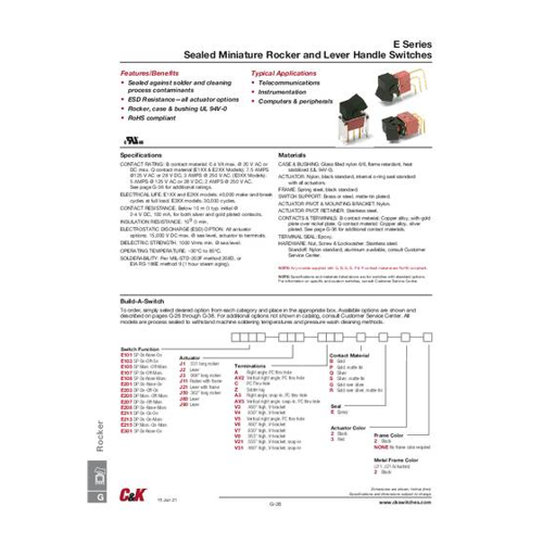 Bild von C & K Switches E205J1CQE2 Rocker Switch E Series 120 V/AC, 28 V/DC 7.5A 2 x (Ein)/Aus/(Ein)