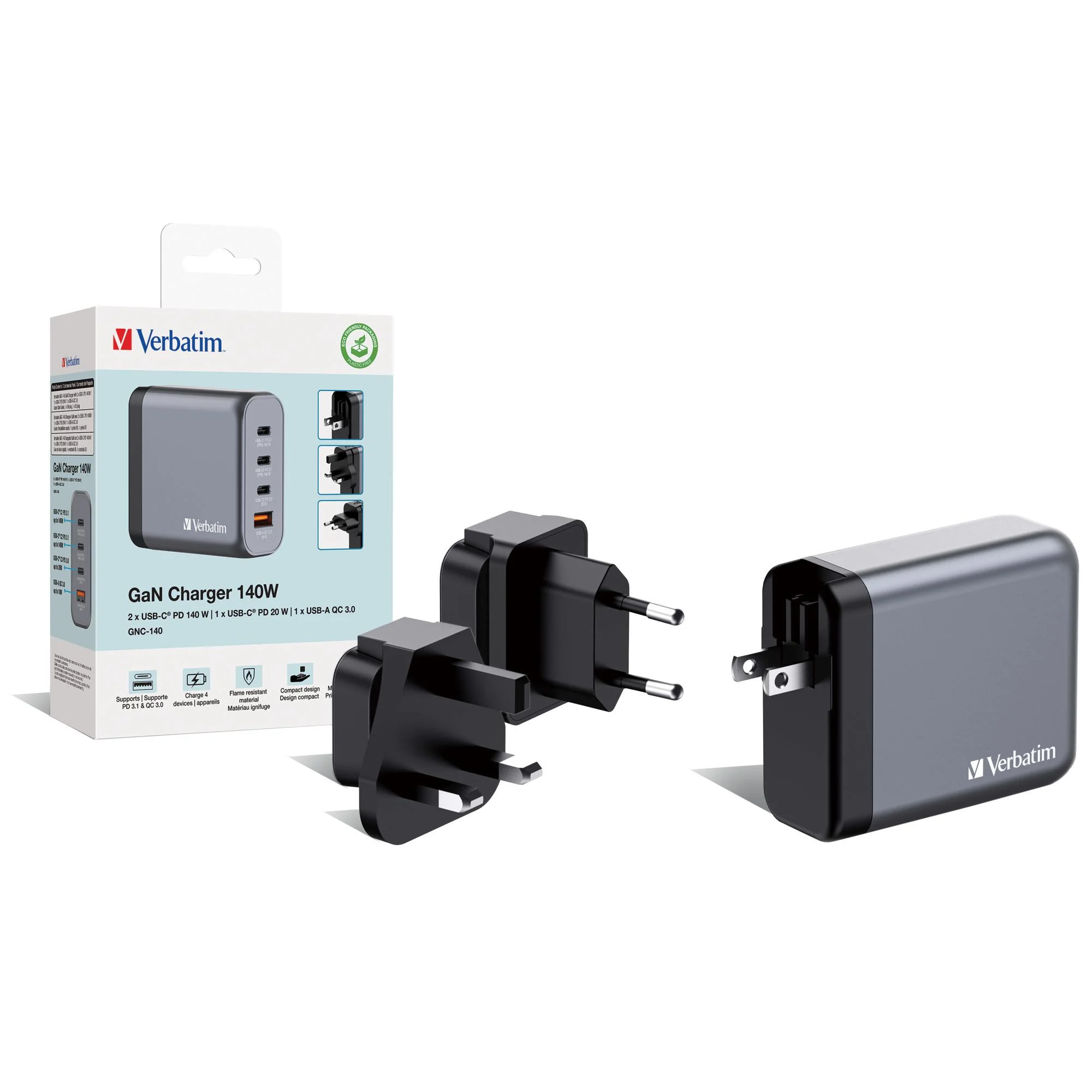 Bild von Verbatim GNC-140. Aufladetyp: Drinnen, Energiequelle: AC, Aufladekompatibilität: Universal. Eingangsspannung: 100 - 240 V, Maximale Ausgangsspannung: 20 V. USB Typ-C Anzahl Anschlüsse: 3, Schnellladung, Energieschutzeigenschaften: Überstrom, Überspannung, Überhitzung, Kurzschluß. Produktfarbe: Schwarz, Grau (32203)