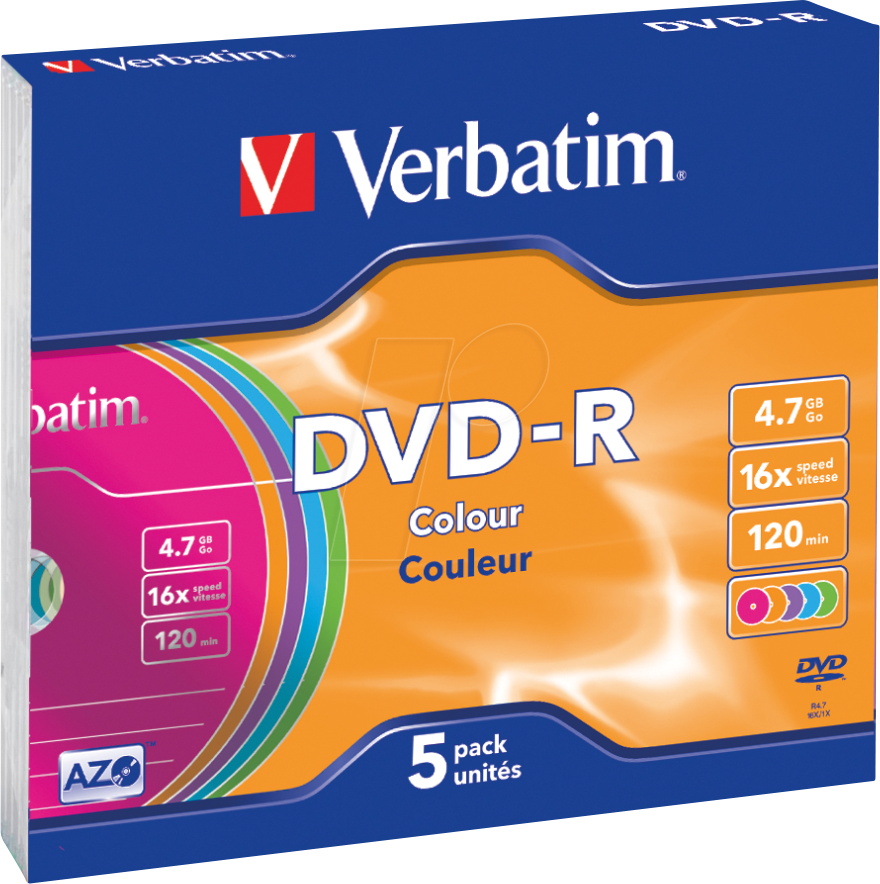 Bild von Verbatim DVD-Rohling Verbatim 43557 DVD-R Rohling 4.7 GB 5 St. Slimcase Farbig
