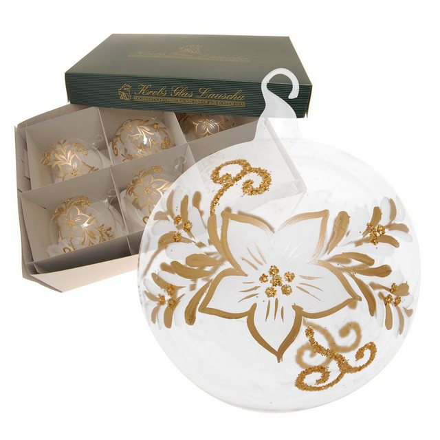 Bild von Krebs Glas Lauscha Christbaumschmuck Glaskugel "Frostige Blume" Gold (White Xmas Night), Kristallklar, 8cm (6-tlg)