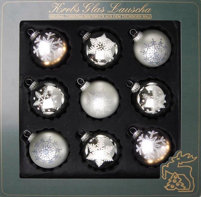Bild von Weihnachtsbaumkugel KREBS GLAS LAUSCHA "Weihnachtsdeko, Christbaumschmuck, Christbaumkugeln Glas", bunt (silberfarben, weiß), Ø:8cm, Glas, Weihnachtsbaumkugeln, mundgeblasen, mit Dekor