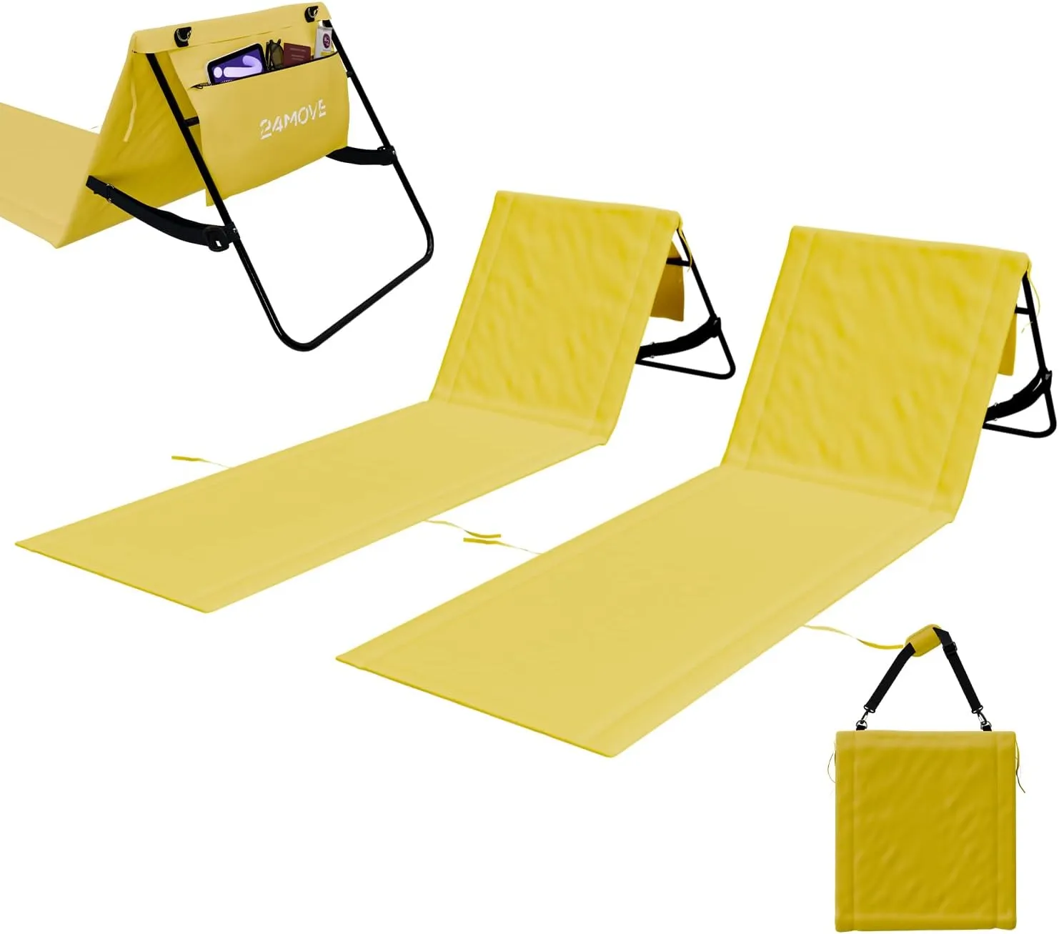 Bild von 24MOVE Strandmatte 2er Set klappbar mit verstellbarer Rückenlehne und Aufbewahrungstasche in Gelb