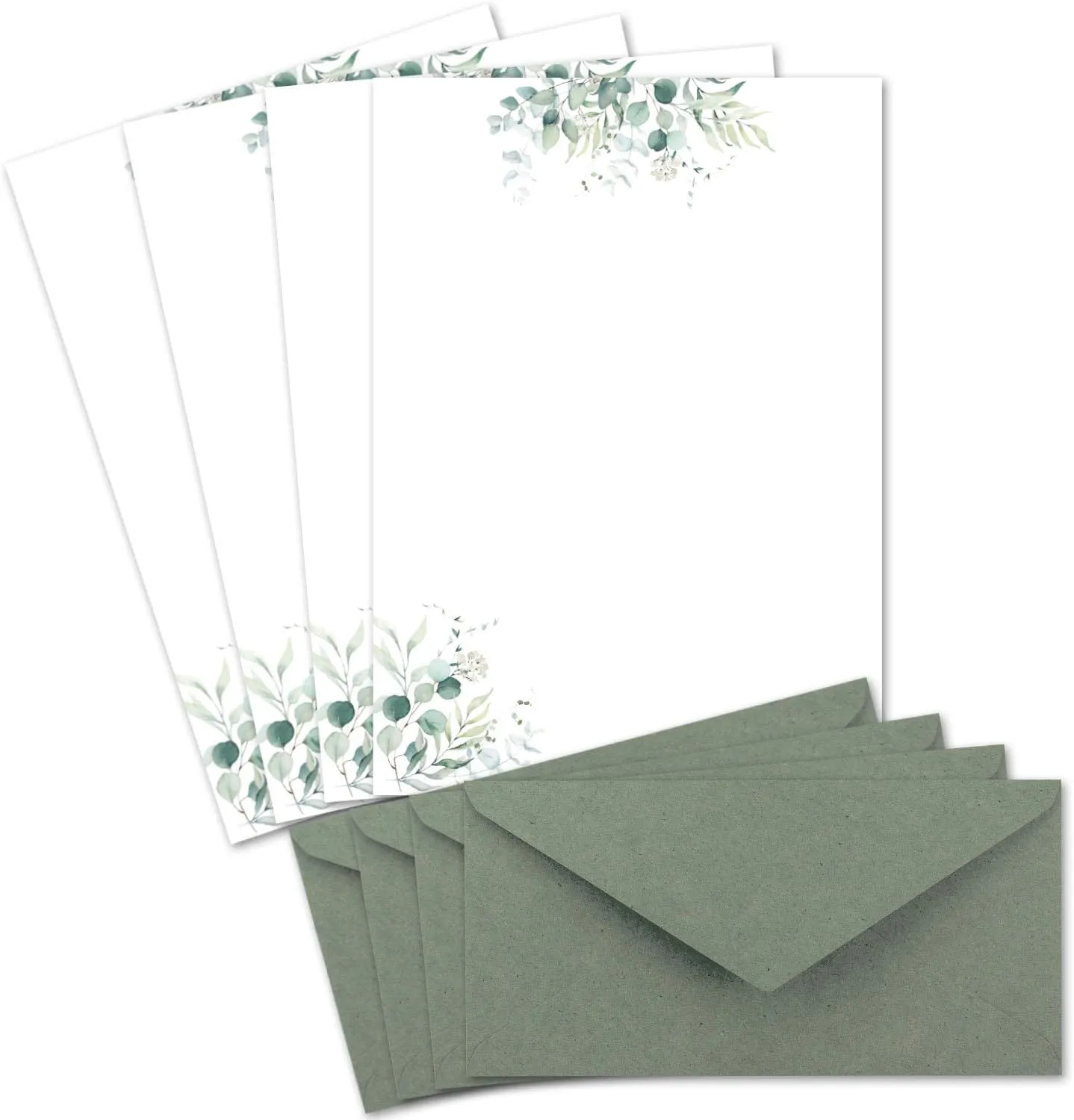 Bild von 25 Briefbogen-Sets DIN A4 aus cremefarbenem Naturpapier mit Eukalyptus-Zweigen und passenden DIN Lang Umschlägen in Eukalyptus-Grün, ideal für Hochzeitseinladungen