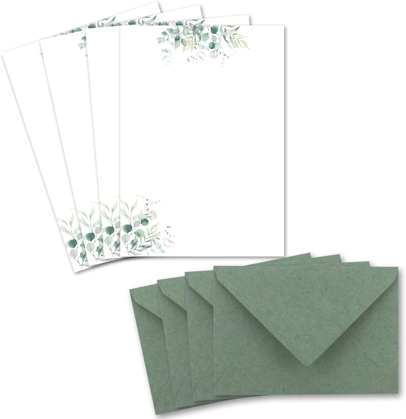 Bild von 25 Briefpapier-Sets DIN A5 in Creme mit Eukalyptus-Zweigen und passenden C6 Umschlägen in Eukalyptus-Grün, ideal für Hochzeitseinladungen