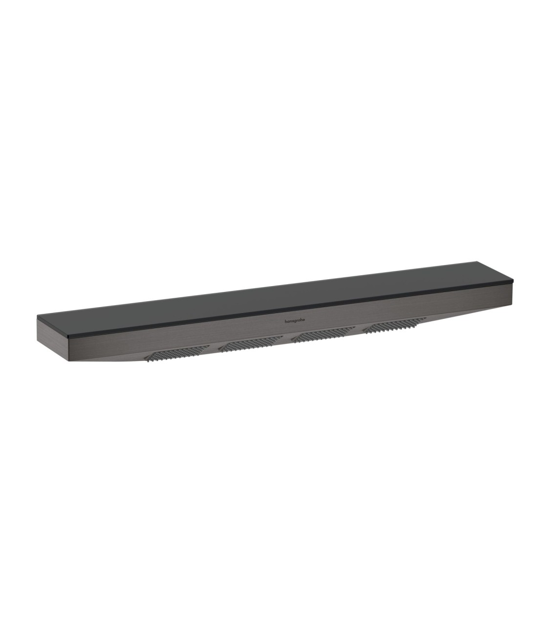 Bild von Hansgrohe Rainfinity	1x Schulterbrause	Strahlfläche: 309 x 28 mm	Brausekopfgröße: 502 x 81 mm	Einsatzbereich: nutzbar als Kopf-, Nacken- oder Seitenbrause	Strahlart: PowderRain	maximale Durchflussmenge bei 3 bar: 13 l/min	Anschlussgewinde: G ½	Anschlussgröße: DN15	Material: Metall	Ablage aus Sicherheitsglas	Oberfläche der Ablage bei Farbvariante -000 = spiegelglas, bei Farbvariante -700 = graphitfarben, satiniert
