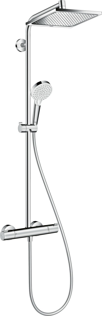 Bild von Besteht aus: Kopfbrause, Handbrause, Brausethermostat, Brauseschlauch, Schieberum 45° verstellbarer Neigungswinkel des SchiebersKopfbrause Crometta E 240Brausekopfgröße: 240 x 240 mmKugelgelenk: Kopfbrause im Winkel verstellbarStrahlart: RainDurchflussmenge Rain Strahl (bei 3 bar): 15 l/minBetriebsdruck: min. 1,8 bar/max. 10 barvollverchromte StrahlscheibeBrausearmlänge: 350 mmThermostat Ecostat 1001 CLSicherheitssperre bei 40° Ceinstellbare HeißwasserbegrenzungMontageart: AufputzinstallationAnschlussgröße DN15Anschlussgewinde G ½Stichmaß 150 ± 12 mmhöhenverstellbare HandbrausehalterungSteigrohr in der Höhe ablängbarBestehend ausKopfbrause 240 1jet (# 26726000)Handbrause Vario (# 26330400)Brauseschlauch 160 cm (# 28276000)