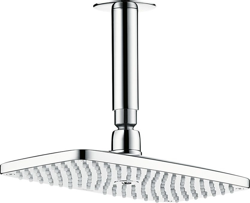 Bild von Brausekopfgröße: 250 x 150 mm	Kugelgelenk: Kopfbrause im Winkel verstellbar	Strahlart: RainAir	Durchflussmenge RainAir Strahl (bei 3 bar): 20 l/min	Material Strahlscheibe: Metall	Strahlscheibe zur Reinigung abnehmbar	Deckenanschlusslänge: 100 mm	Montage: Decke	Anschlussgewinde G ½	Anschlussgröße: DN15	P-IX 19239/IB