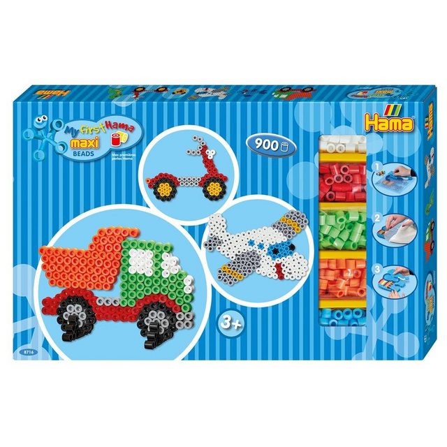 Bild von Hama Perlen Bügelperlen maxi 900er Geschenkpackung, mit Flugzeug- und Brummi-Steckplatte