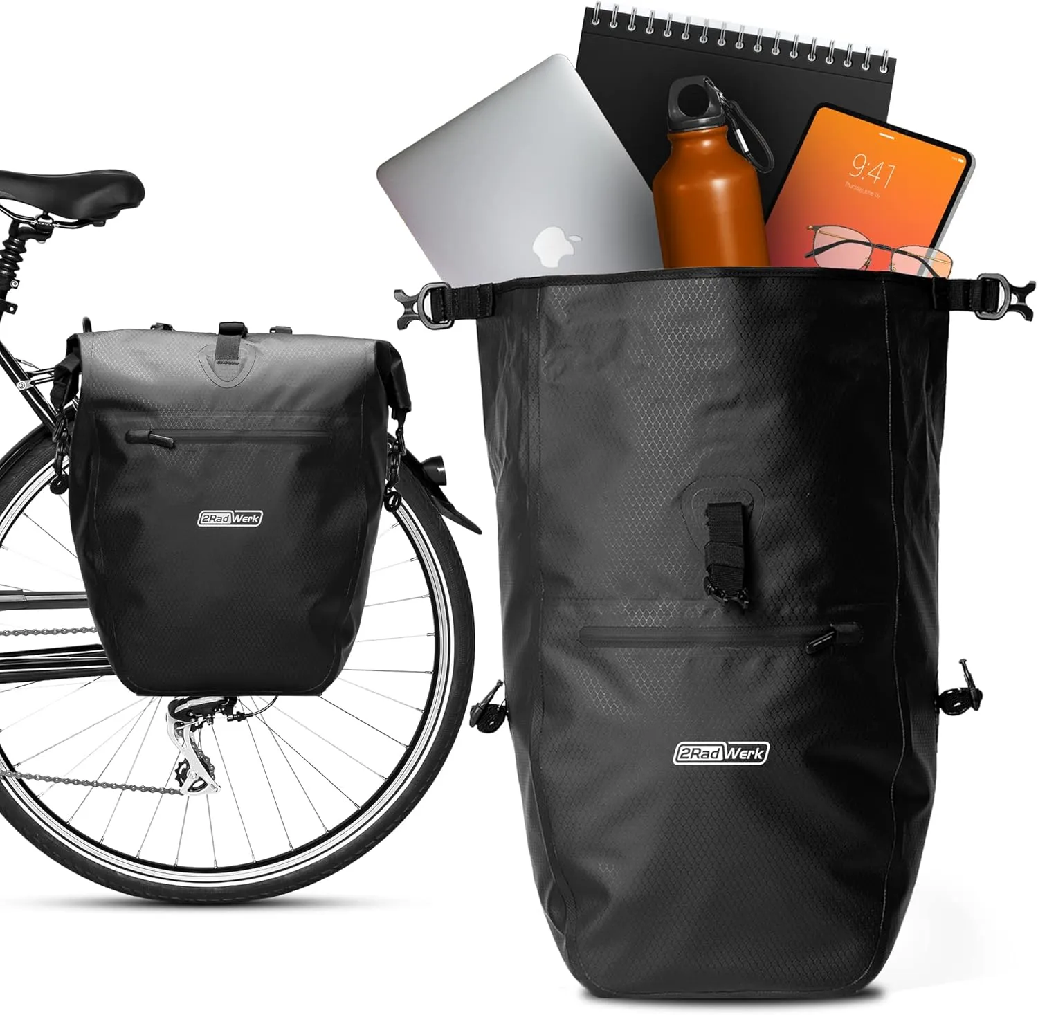 Bild von 2Radwerk Fahrradtasche für Gepäckträger mit 25,4 Litern, 100% wasserdicht, inklusive Tragegriff und Schultergurt
