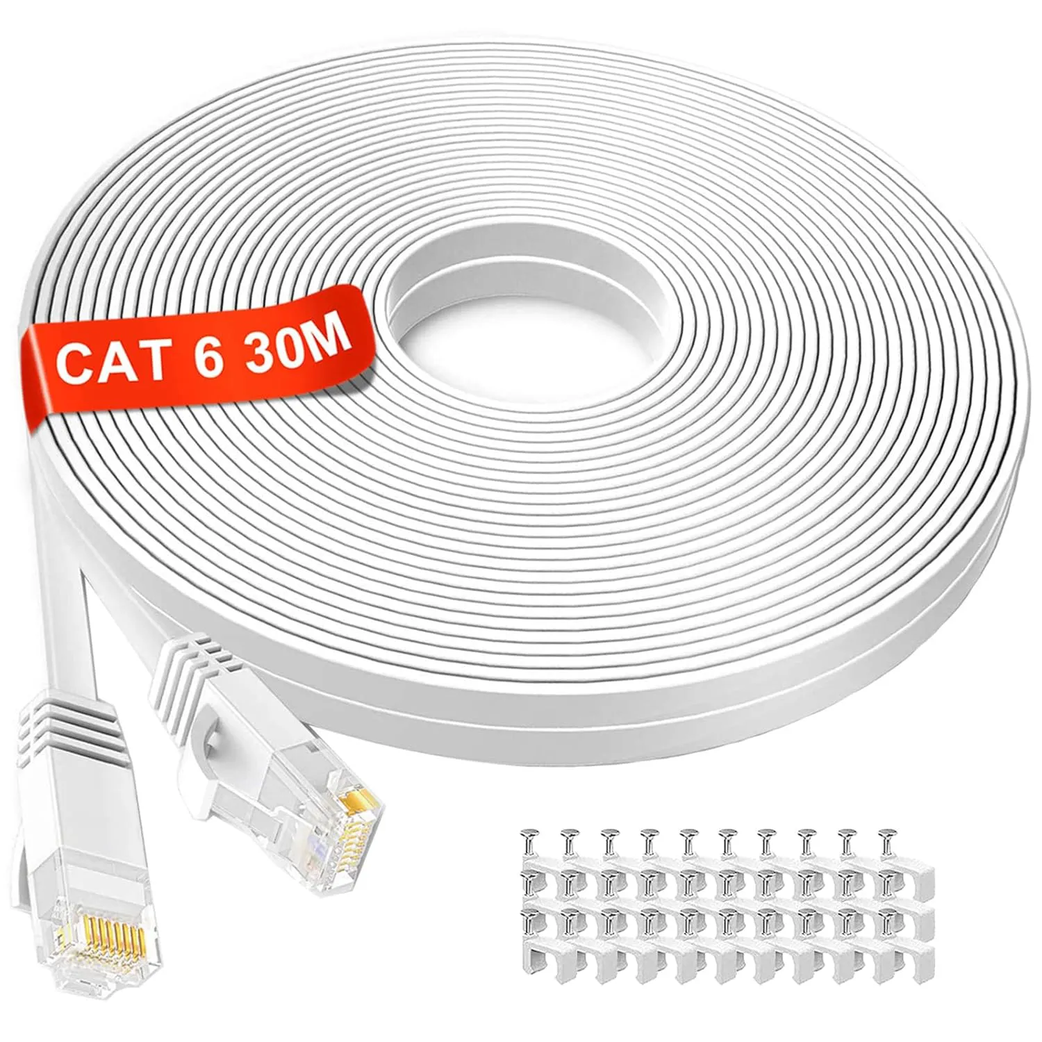 Bild von 30 Meter flaches LAN Kabel in Weiß, Cat6 RJ45 für Hochgeschwindigkeitsverbindungen mit Router, Switch, Modem, Laptop, PS5, PS4, Smart TV und Xbox One