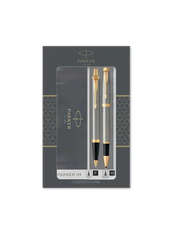 Bild von Parker IM Duo-Geschenkset mit Kugelschreiber & Tintenroller | Brushed Metal mit Goldzierteilen | Nachfüllen schwarz | Geschenkbox