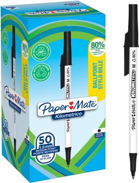 Bild von Paper Mate Kilometrico Kugelschreiber | lange Schreibdauer mit mittlerer Spitze (1,0 mm) | schwarze Tinte | 80 % recyceltes Plastik | 50 Stück