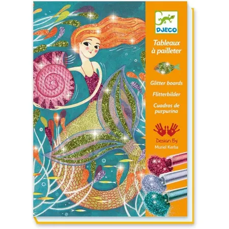 Bild von DJECO Glitzersand Bastelset Meerjungfrauen, Kreativset für Kinder ab 6 Jahren, 4 Bilder mit Glitzer, Bastelpackung mit Pinsel & Sand, Mädchen DIY Bastelspaß